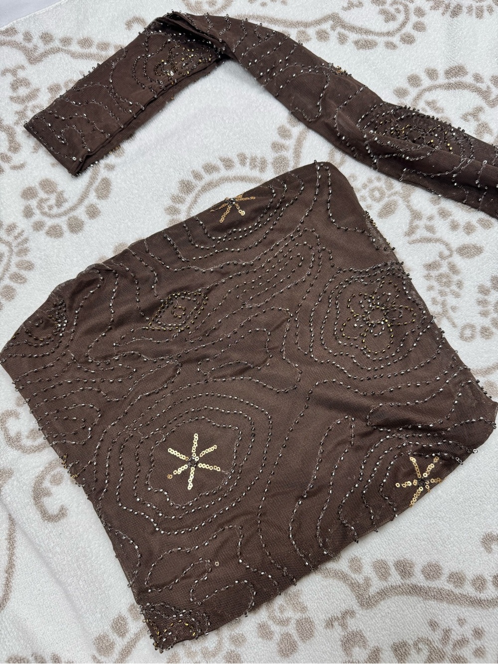 Thirty thirty Y2K brown beaded sequin tube top with scarf XS
